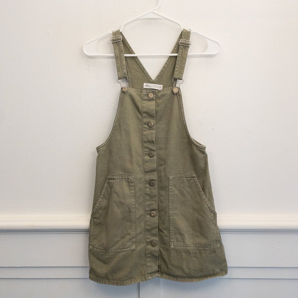 ZARA Kids Olive Green Overall Dress Size 11-12 Button Front Cotton Utility